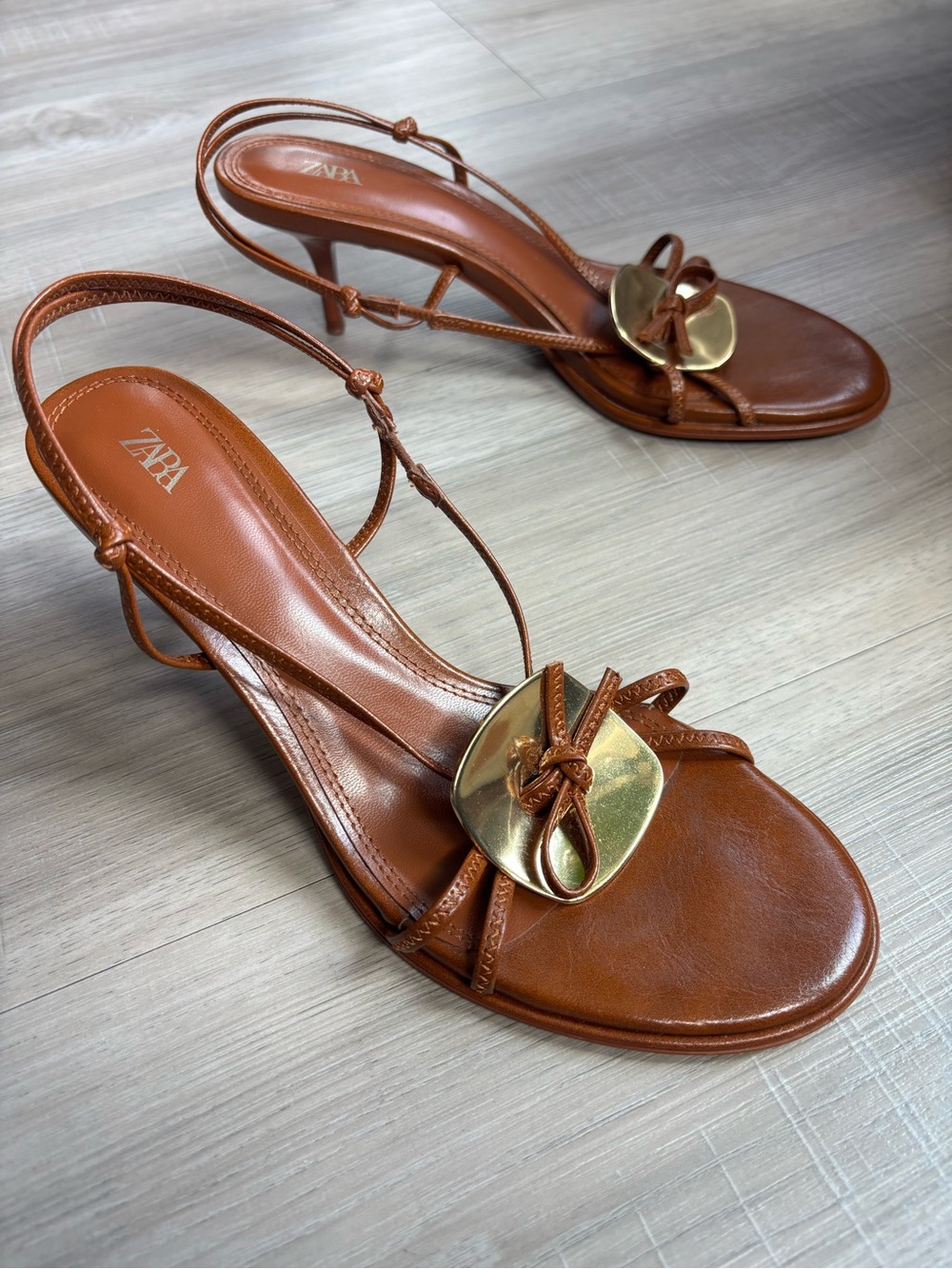 Zara Brown Leather Knot-Detail Slingback Sandals